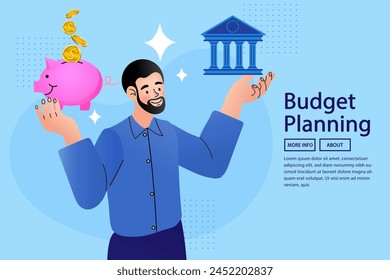 Planning budget. Money savings. Man choosing between bank and piggybank. thinking about instrument for saving. Bank loan and economy choice. Financial literacy. Finance and money safety Vector