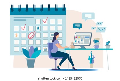 Planning Business Activity, Time Management Flat Vector Concept Businesswoman, Female Office Worker, Company Employee Sitting at Work Desk, Making Tasks and Meetings Reminders in Calendar Illustration