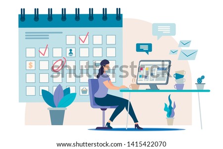 Planning Business Activity, Time Management Flat Vector Concept Businesswoman, Female Office Worker, Company Employee Sitting at Work Desk, Making Tasks and Meetings Reminders in Calendar Illustration