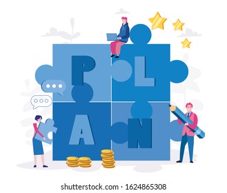 Planning business concept . People connecting puzzle elements. Partnership. Vector illustration for web banner, print, infographics, mobile website. Teamwork, cooperation.