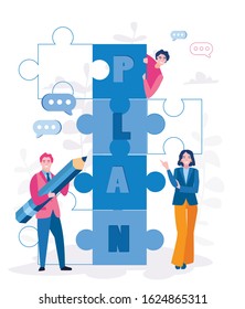 Planning business concept . People connecting puzzle elements. Partnership. Vector illustration for web banner, print, infographics, mobile website. Teamwork, cooperation.