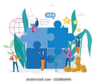 Planning business concept . People connecting puzzle elements. Partnership. Vector illustration for web banner, print, infographics, mobile website. Teamwork, cooperation.