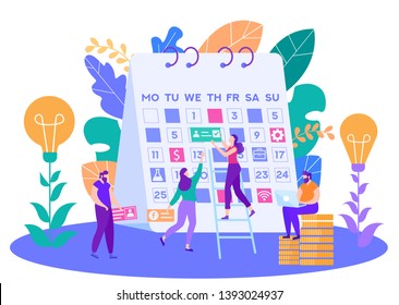 Planning Business Strategy, Work Schedule, List of Important Tasks for Month, Team Time Management Flat Vector Concept. Female and Male Characters Working Together, Planning To-Do List Illustration