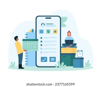 Planning business tasks and projects in mobile app vector illustration. Cartoon tiny people holding calendar to plan and organize events and meeting, using application on screen for organization