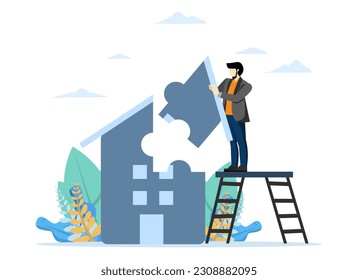 Planning to buy a new home or renovation, property maintenance or real estate concepts, housing costs, smart entrepreneurs create puzzles to solve or solve house puzzles.