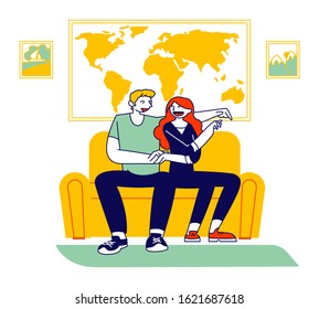 Planning and Buying Trip Concept. Young Couple Visiting Travel Agency Choose Tour. Man and Woman Sitting on Couch with World Map on Wall and Nature Pictures. Cartoon Flat Vector Illustration, Line Art