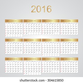 Planning calendar 2016.Abstract calendar for 2016.Week starts from Sunday.Vector illustration.