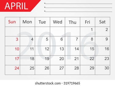 Planning calendar for april 2016.Vector illustration.