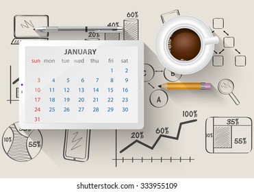 Planning calendar in the computer tablet showing the month of January