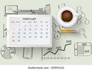 Planning calendar in the computer tablet showing the month of February
