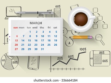 Planning calendar in the computer tablet showing the month of March