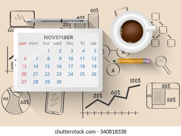 Planning calendar in the computer tablet showing the month of November