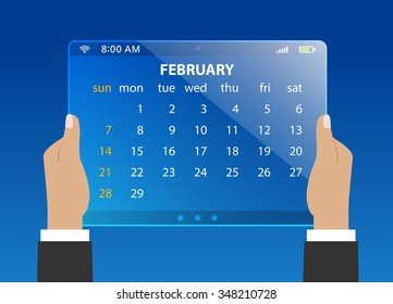 Planning calendar in the computer tablet showing the month of February