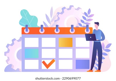 Planning calendar concept. Organization of effective workflow and time management. Hardworking worker or entrepreneur. News and events, reminder and timetable. Cartoon flat vector illustration