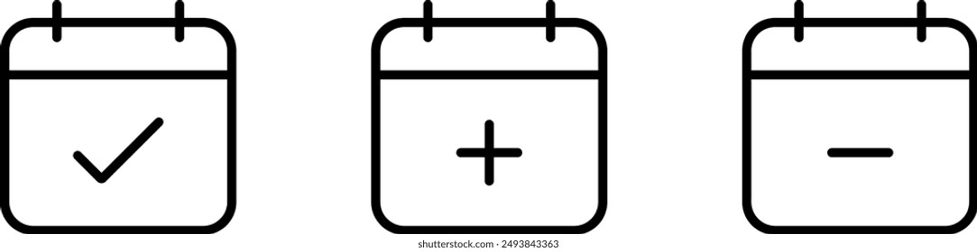 Planning calendar icon, symbol. Calendar tick, plus and minus icon. Vector illustration
