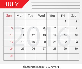 Planning calendar for july 2016.Vector illustration.