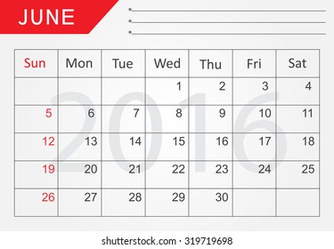 Planning calendar for june 2016.Vector illustration.