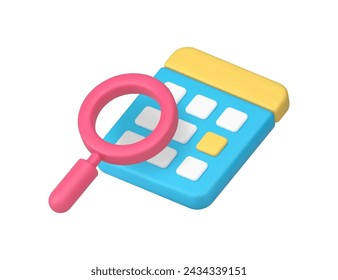 Planning calendar mark searching date and time for reminder day 3d icon realistic vector illustration. Schedule with magnifying glass agenda event appointment important meeting task planner research