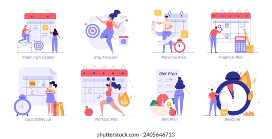 Planning calendar, personal plan and class schedule set. People exercise with workout plan and control weight. Diet plan concept. Deadline and time management. Vector illustration set in flat design