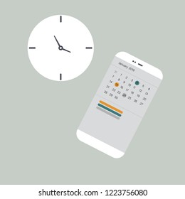 Planning, calendar in the phone with the clock. Flat vector illustration design.