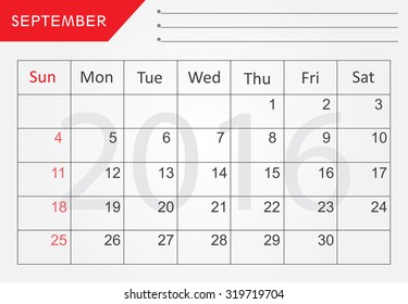 Planning calendar for september 2016.Vector illustration.