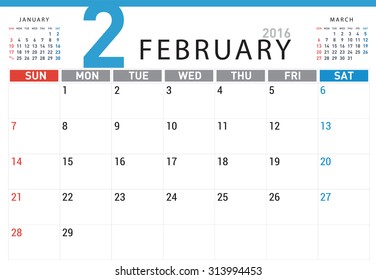 planning calendar simple template February 2016