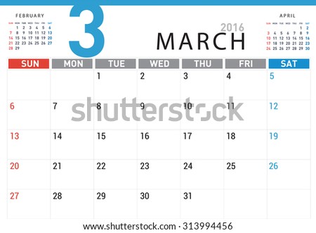 planning calendar simple template March 2016