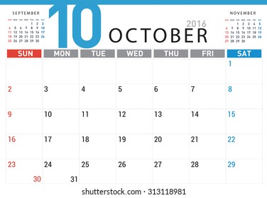 planning calendar simple template October 2016