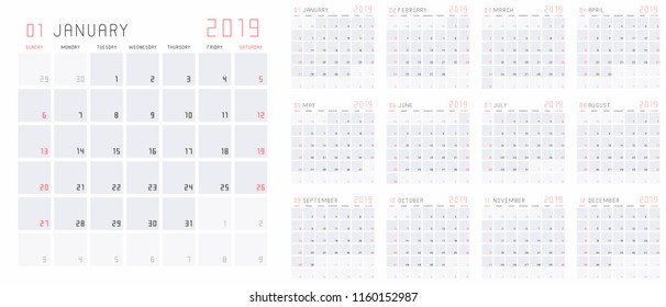 Planning calendar template 2019 set of 12 months January - December. Isolated on White background