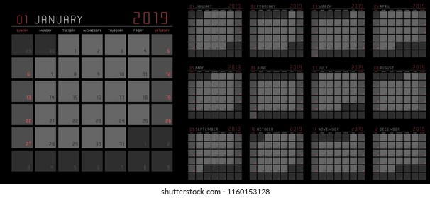 Planning calendar template 2019 set of 12 months January - December. Isolated on Black background