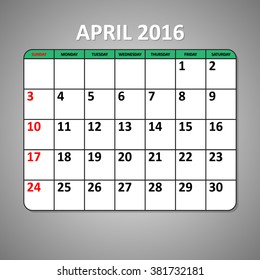 Planning calendar template April 2016 template. Vector illustration 