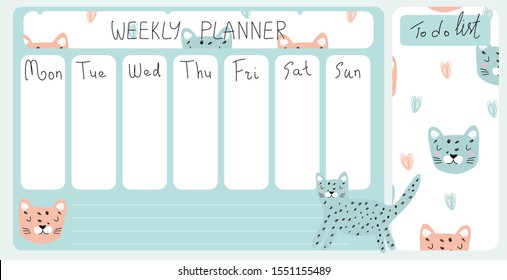 Planning calendar template for every day of the week with cute handmade design. Vector illustration for printing.