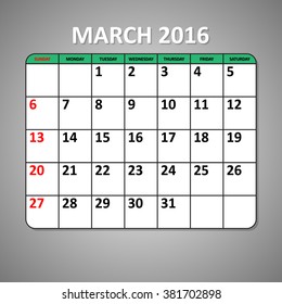 Planning calendar template March 2016 template. Vector illustration