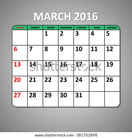 Planning calendar template March 2016 template. Vector illustration