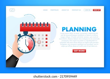 Planning calendar timer. Flat character. Event schedule date. Meeting appointment time
