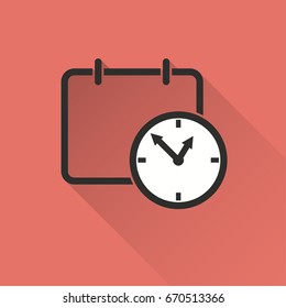 Planning calendar vector icon with long shadow. Illustration isolated on red background for graphic and web design.