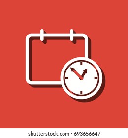 Planning calendar vector icon with long shadow. White illustration isolated on red background for graphic and web design.
