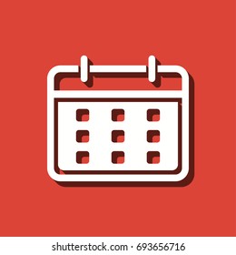 Planning calendar vector icon with long shadow. White illustration isolated on red background for graphic and web design.