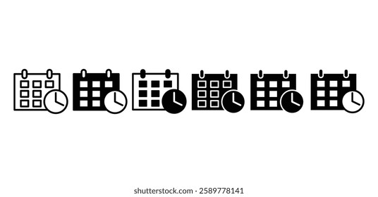 planning calender schedule with clock time icon symbol vector design black white outline and solid black color illlustration set 