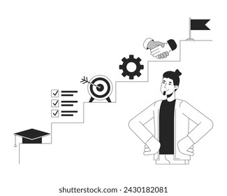 Planning career path black and white 2D illustration concept. Lead the way. Man making professional plan cartoon outline character isolated on white. Future ambitions metaphor monochrome vector