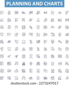 Planning and charts line icons, signs set. Planning, Charts, Strategy, Graphs, Diagrams, Maps, Timelines, Forecasts, Projects outline vector illustrations.