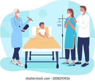 Planning child stay in hospital 2D vector isolated illustration. Parents talking with doctor about kid condition flat characters on cartoon background. Patient room in private clinic colourful scene