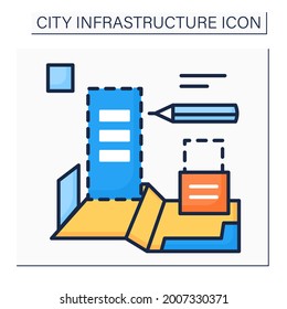 Planning City Color Icon. Technical Process Of Development And Design Of Land Use. House Plan. Home Blueprint. Outline Drawing. City Infrastructure Concept. Isolated Vector Illustration