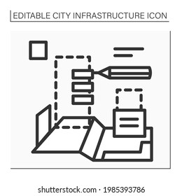 Planning City Icon. Technical Process Of Development And Design Of Land Use. House Plan. Home Blueprint. Outline Drawing. City Infrastructure Concept. Isolated Vector Illustrations. Editable Stroke