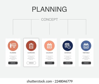 Planung, Zwischenablage, Kalender, Zeitplan, Zeitpläne, Icons Infografische Timeline-Layout-Vorlage. Kreatives Präsentationskonzept mit 5 Schritten