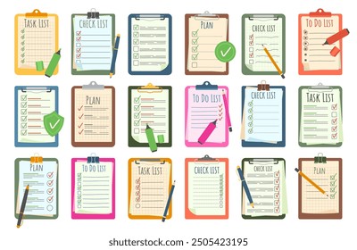 Planning clipboards. Task checklists and To Do lists with pen, pencil or markers. Productivity plan list, interview checklist and work progress boards cartoon vector illustration set.