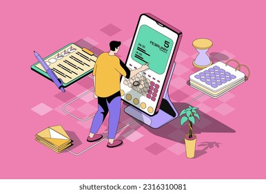 Concepto de planificación en diseño isométrico 3d. Hombre haciendo citas usando calendario de aplicaciones móviles, trabajar con lista de tareas, recordatorios y notas. Ilustración vectorial con escena de personas isométricas para gráfico web