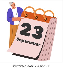 Planning concept. A businesswoman interacts with a giant calendar marking an important date. Event scheduling and time management. Vector illustration.