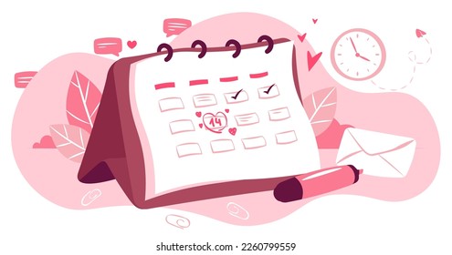 Planning concept. Date and scheduling preparation for valentine's day. Vector pink cartoons for social media events and love affairs.