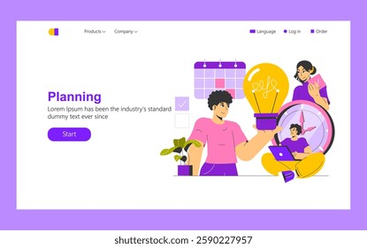Planning concept. Effective idea realization through collaboration and organization. Individuals brainstorming with creative tools and calendars, illustrating teamwork and productivity. Vector